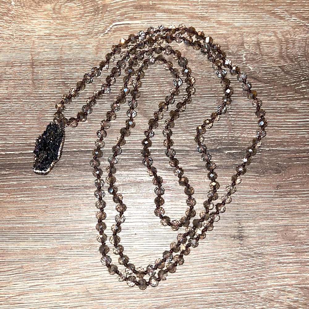 Grey tone beaded necklace with druzy charm
